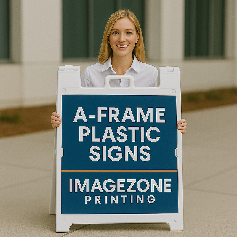 Portable A-frame sign displayed on sidewalk with custom graphics