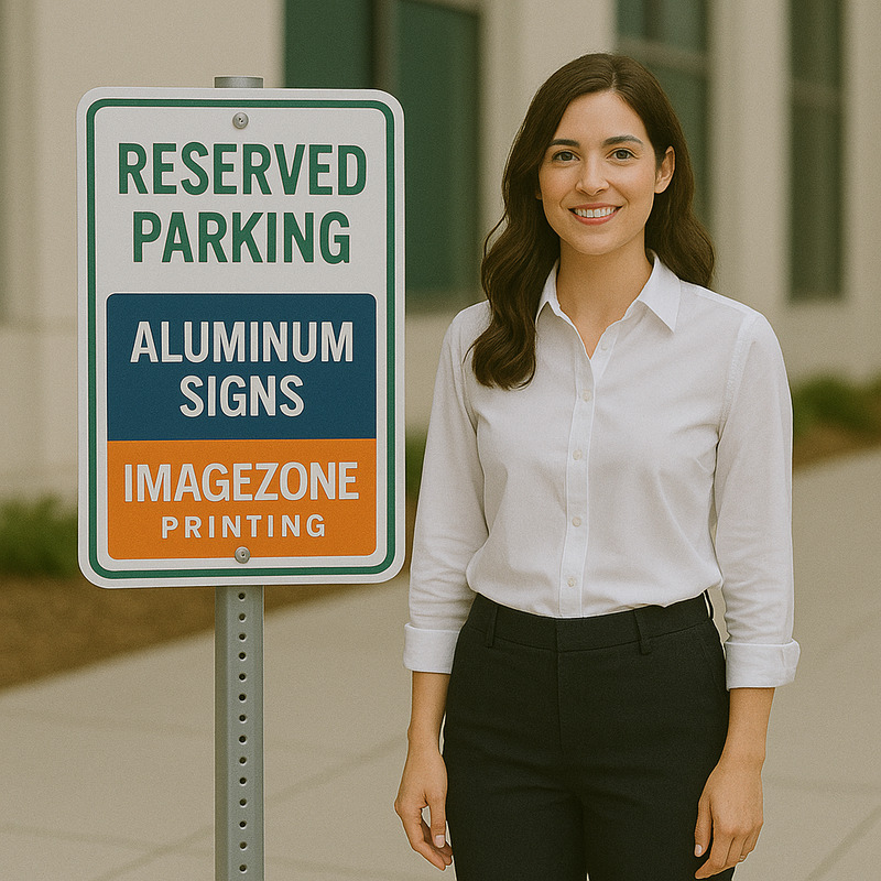 Durable aluminum sign mounted on wall with business branding