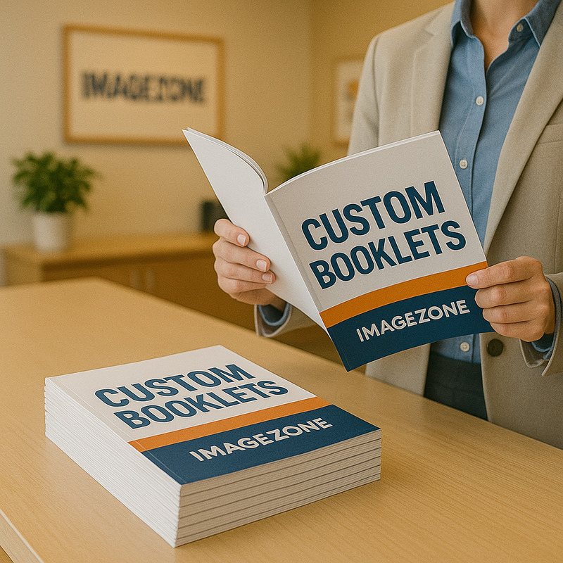 Open and closed custom-printed booklets showcasing full-color pages