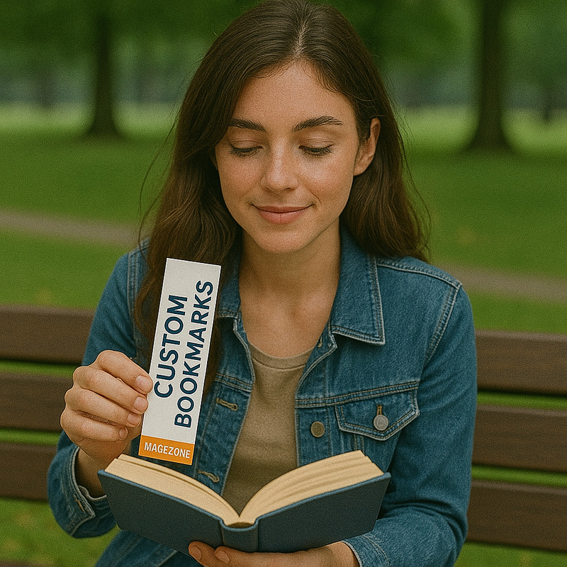 Stack of custom bookmarks with colorful designs and branding