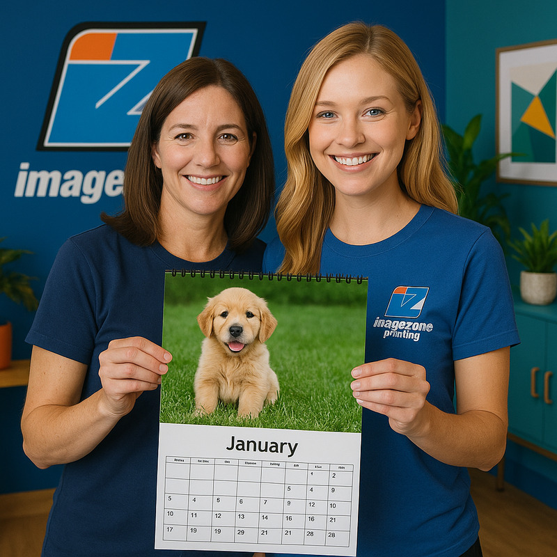 Wall calendar with custom company branding and monthly layout