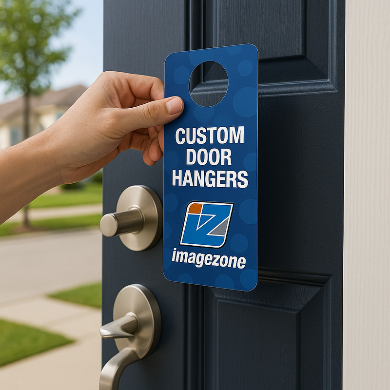 Printed door hangers hanging on residential doorknobs