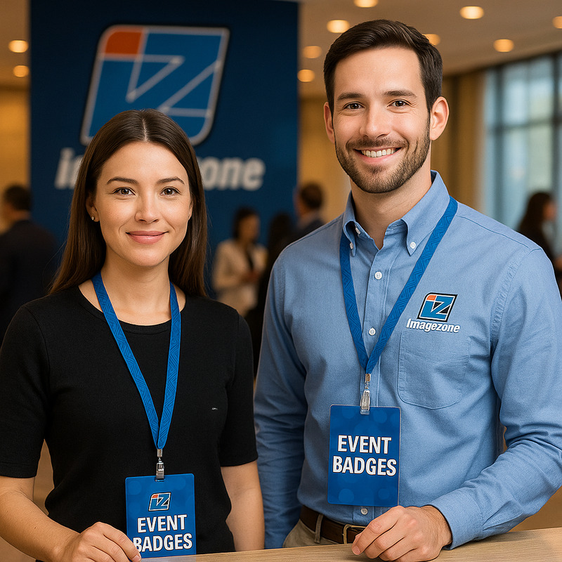 Custom printed event badges at Image Zone, designed for VIP access, conferences, and festival identification.