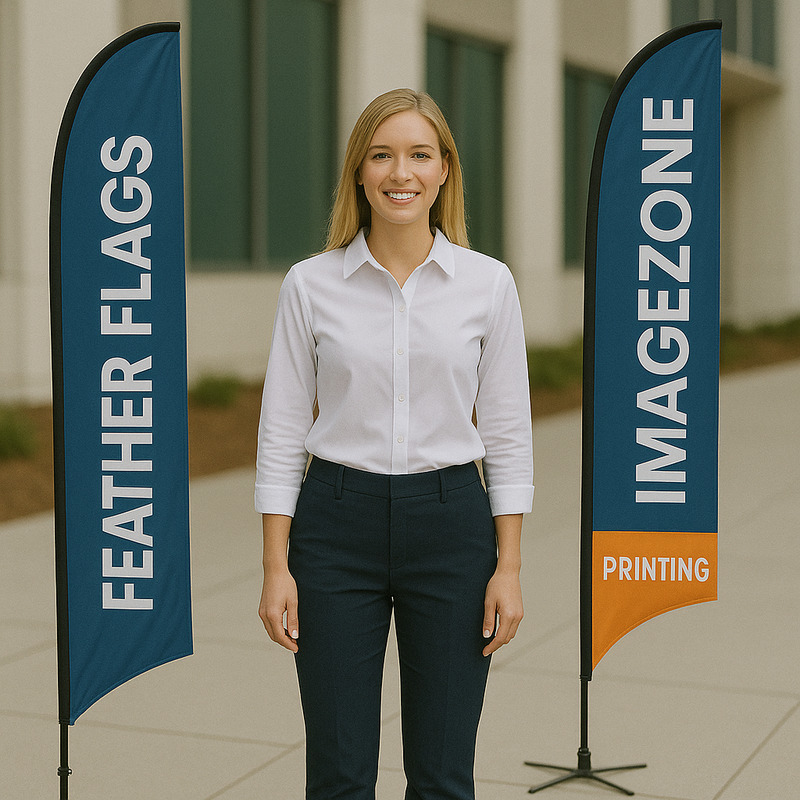 Feather flag waving outside business with vertical branding