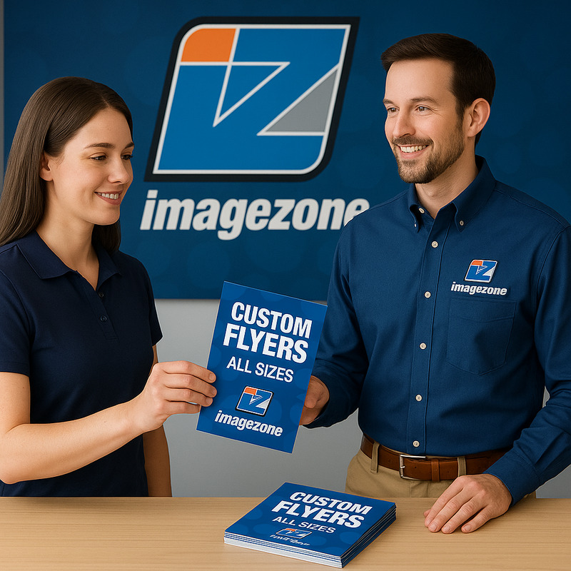 Stack of colorful printed flyers promoting local business or event