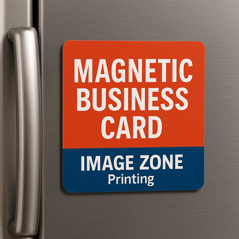 Full-color custom magnetic business cards perfect for refrigerators, file cabinets, and everyday brand exposure.