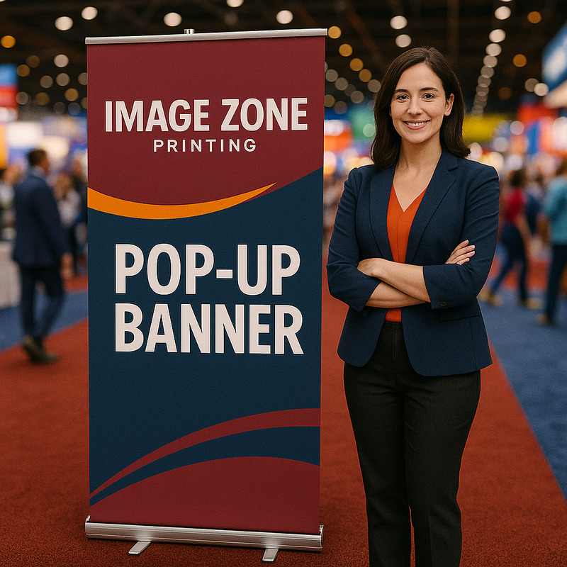 Retractable pop-up banner set up at trade show booth