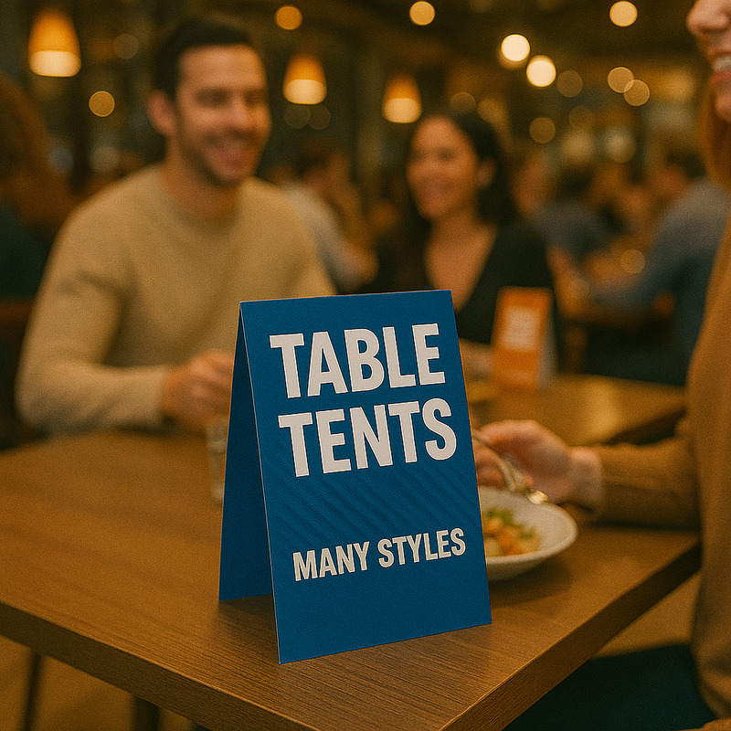 Custom table tents displaying menu items on a restaurant table
