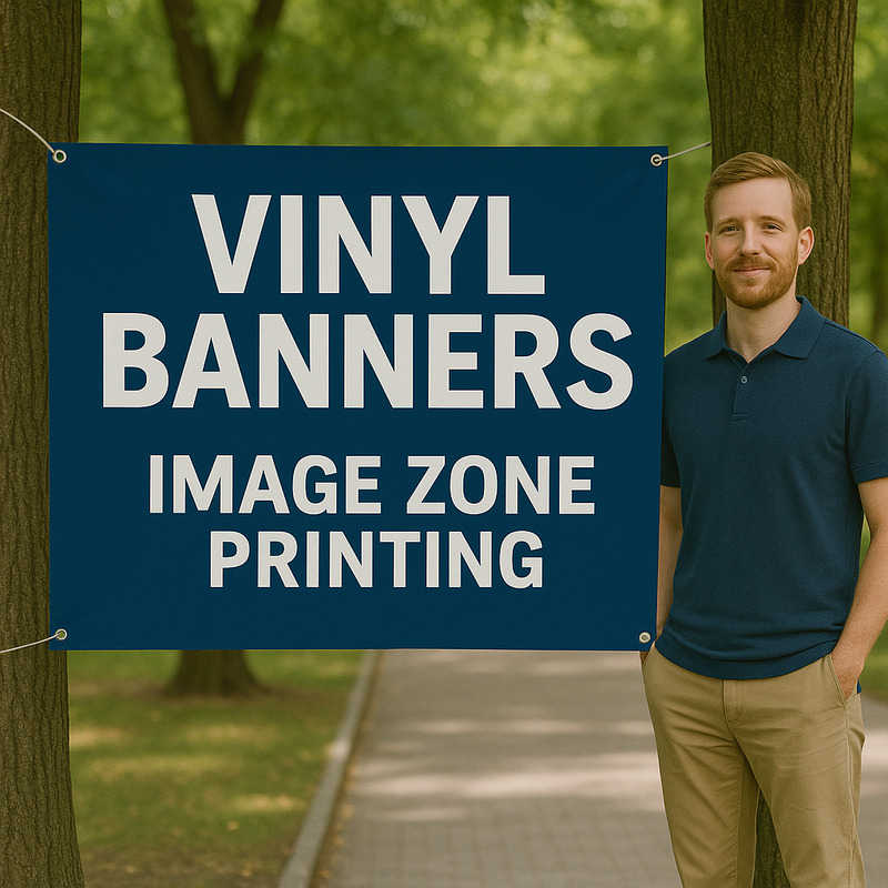Vinyl banner displayed at event with bold promotional message