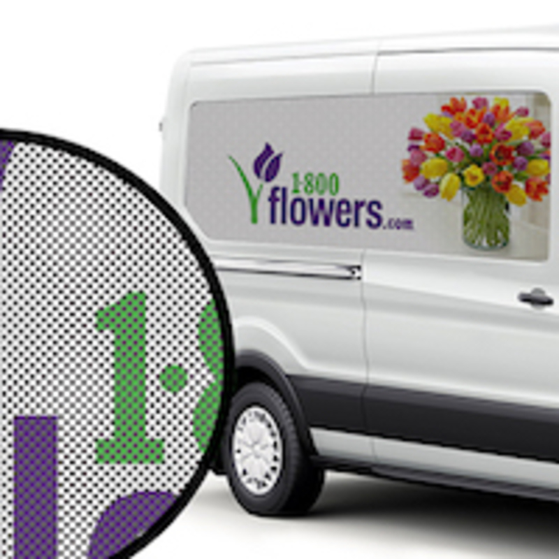 Perforated window decal with one-way visibility and full-color printed design